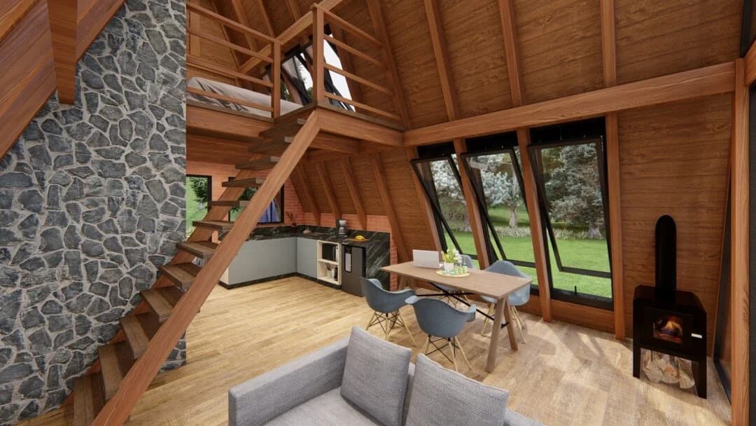 Interior de chalé com mezanino